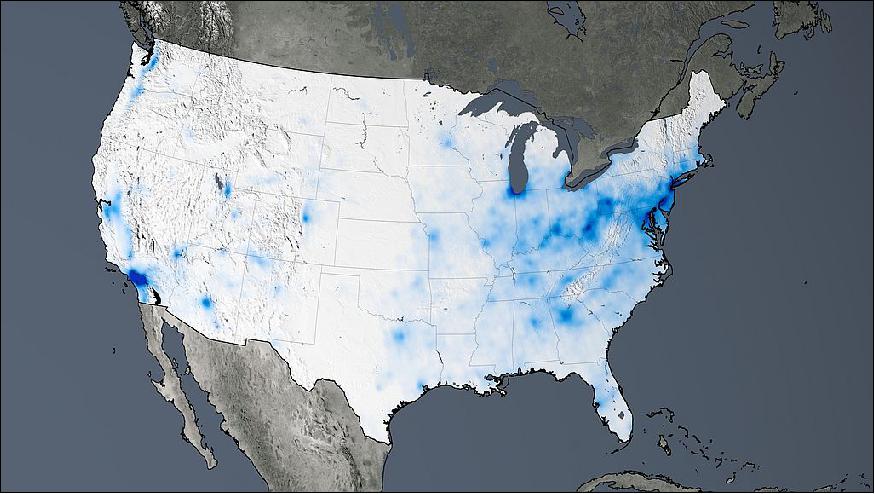 Figure 9: The trend map of the United States shows the large decreases in nitrogen dioxide concentrations from 2005 to 2014. Only decreases are highlighted in this map (image credit: NASA/GSFC)