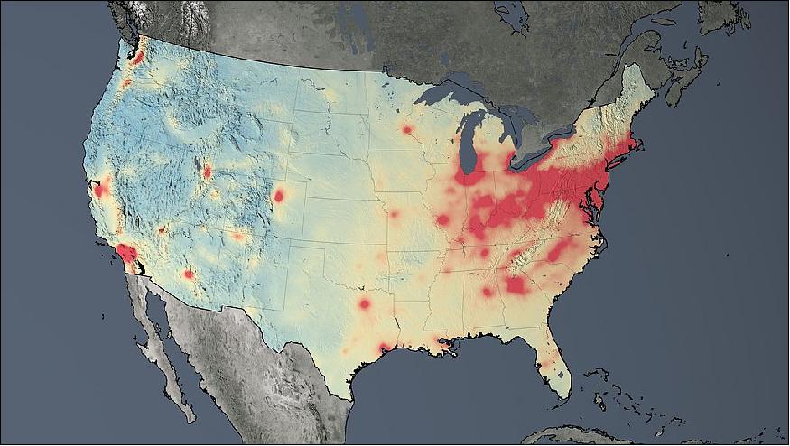 Figure 8: Nitrogen dioxide concentrations across the United States, averaged over 2005 (image credit: NASA/GSFC)