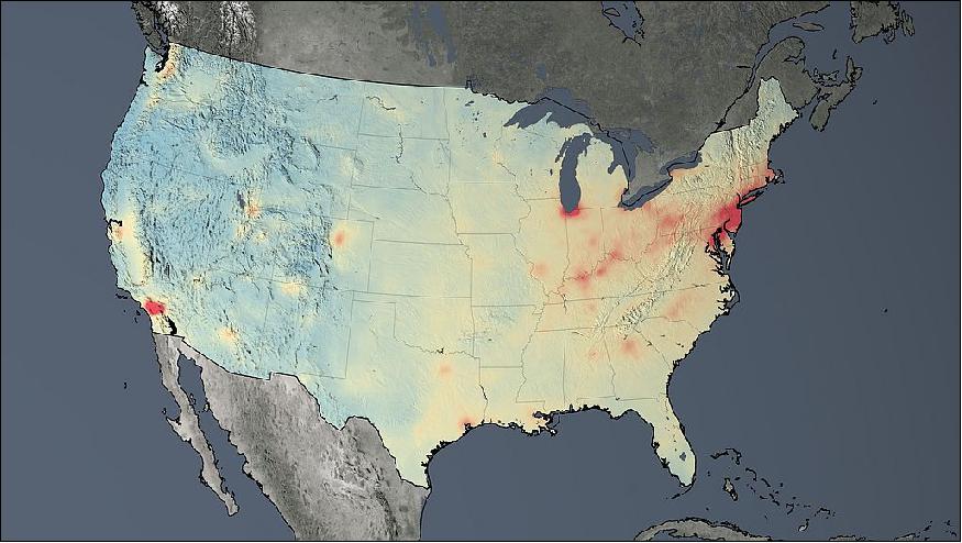 Figure 7: Nitrogen dioxide concentrations across the United States, averaged over 2014 (image credit: NASA/GSFC)
