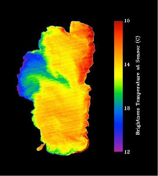 Figure 2: This image of Lake Tahoe, from the ASTER instrument on Terra, shows the lake’s temperature variations (cold is blue, warm is red), image credit: NASA