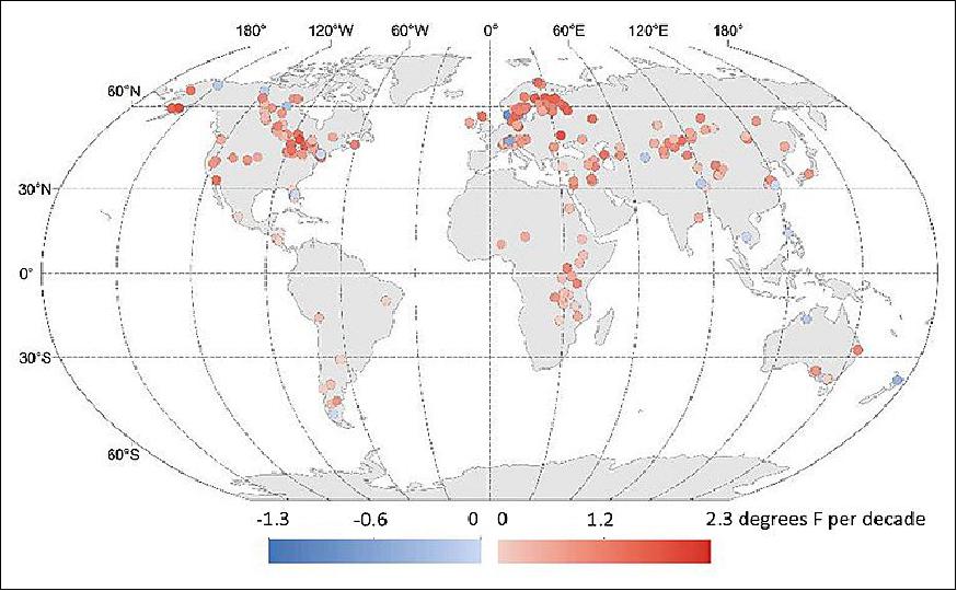 Figure 1: Global changes in lake temperatures over the past 25 years. Red shades indicate warming; blue shades indicate cooling. The study found Earth’s lakes are warming about 0.61 degrees Fahrenheit (0.34 degrees Celsius) per decade on average, faster than overall warming rates for the ocean and atmosphere (image credit: Illinois State University, USGS/California, University of Pennsylvania)