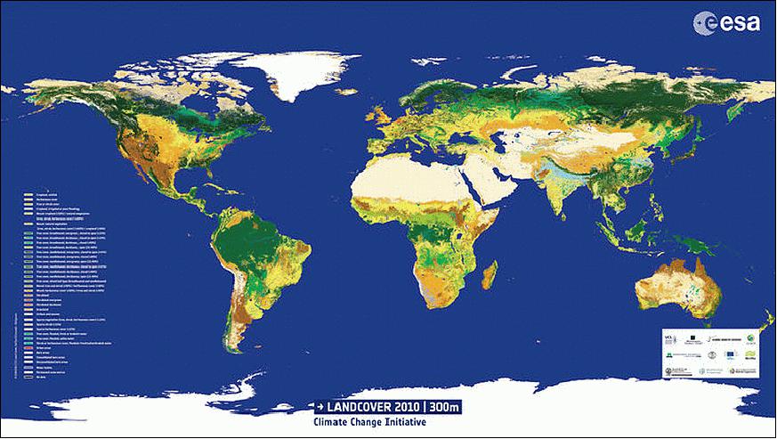 Figure 38: Global land cover 2010 - the latest land-cover map for studying the effects of climate change, conserving biodiversity and managing natural resources (image credit: ESA, CCI Land Cover, Catholic University of Leuven)