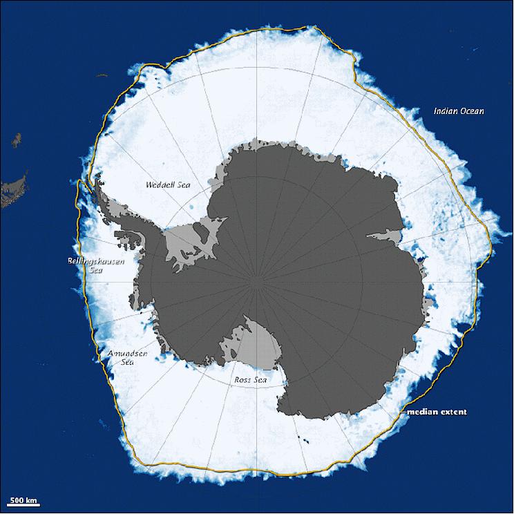 Figure 28: Antarctic sea ice extend on September 19, 2014. Sea ice around Antarctica has been increasing, but not by much. The overall trend of sea ice expansion in the Antarctic is only one-third of the magnitude of the decrease in arctic sea ice. The yellow outline on the map shows the median sea ice extent observed in September from 1981 through 2010 (image credit: NASA Earth Observatory,, Jesse Allen)