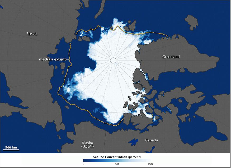 Figure 27: Different projection of the minimum Arctic sea ice extend on Sept. 19, 2014. The yellow outline on the map shows the median sea ice extent observed in September from 1981 through 2010 (image credit: NASA Earth Observatory,, Jesse Allen, Ref. 21)