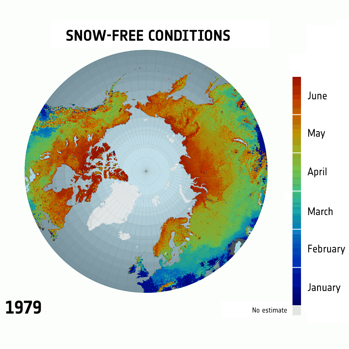 Figure 19: Snow-free conditions: The animation shows when parts of the NH (Northern Hemisphere) became snow-free in the spring each year from 1979 to 2015. Blue represents earlier snow melt (January–March) while red depicts later snow melt (June), image credit: GlobSnow / Finnish Meteorological Institute