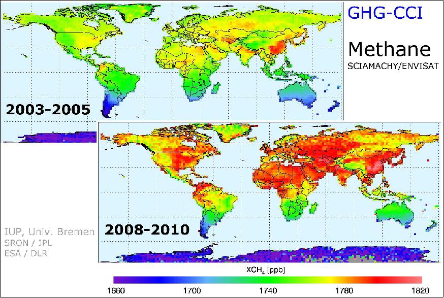 Figure 64: The maps show atmospheric levels of methane from 2003 to 2005 and 2008 to 2010, showing increased concentrations in the latter dataset (in red), image credit: