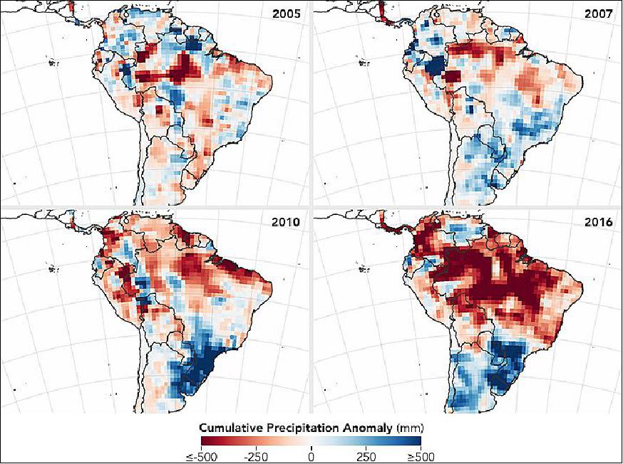 Figure 61: Fire forecast maps for the Amazon region. The maps show the accumulated deficit in the rainfall input to surface and underground water storage in 2016 and other recent drought years, as reported by the GPCC (image credit: NASA Earth Observatory images by Joshua Stevens, using data courtesy of Yang Chen, University of California Irvine, and the GPCC)