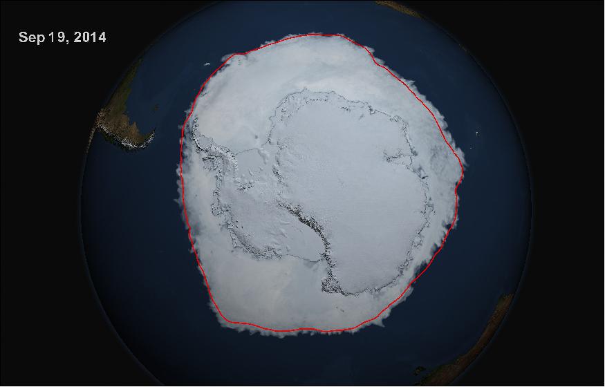 Figure 58: On Sept. 19, 2014, the five-day average of Antarctic sea ice extent exceeded 20 million km2 for the first time since 1979, according to the National Snow and Ice Data Center. The red line shows the average maximum extent from 1979-2014 (image credit: NASA's Scientific Visualization Studio, Cindy Starr)