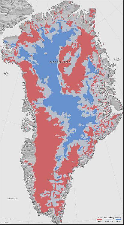 Figure 51: This first-of-a-kind map, showing which parts of the bottom of the Greenland Ice Sheet are likely thawed (red), frozen (blue) or still uncertain (gray), will help scientists better predict how the ice will flow in a warming climate (image credit: NASA Earth Observatory, Jesse Allen)