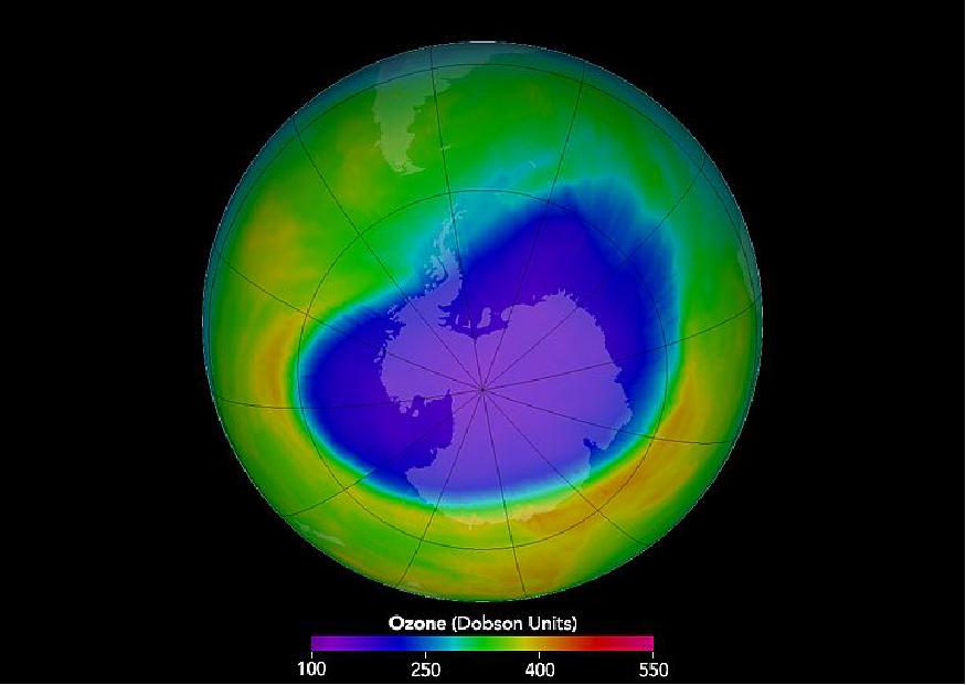 Figure 49: Image of the Antarctic Ozone Hole acquired with OMI on Aura on October 1, 2016 (image credit: NASA Earth Observatory, Aura OMI science team)