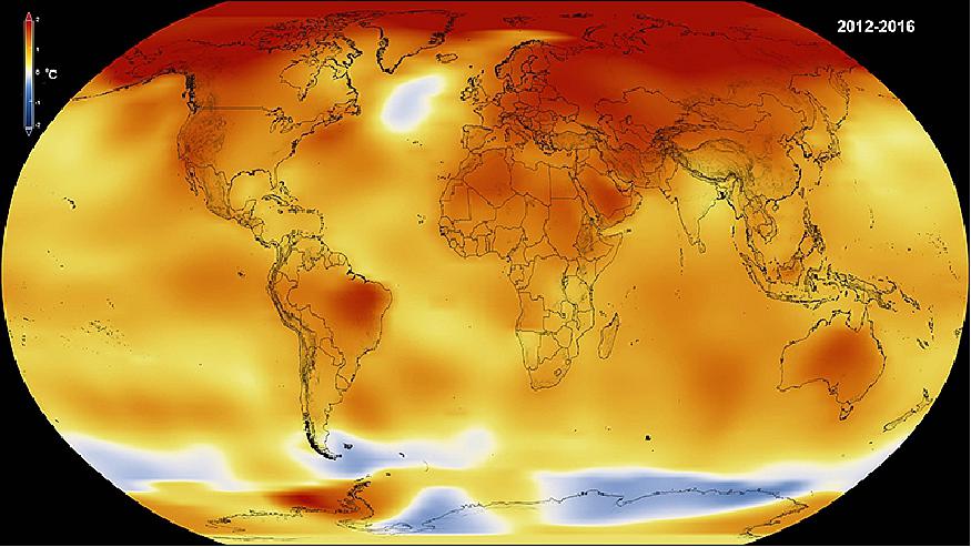 Figure 46: Global temperature anomalies averaged from 2012 through 2016 in degrees Celsius (image credit: NASA/GSFC Scientific Visualization Studio; data provided by Robert B. Schmunk, NASA/GSFC GISS)