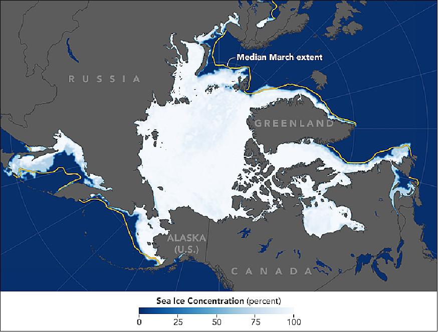 Figure 45: Alternate view view of Arctic sea ice extend, acquired on March 7, 2017 (image credit: NASA Earth Observatory, image by Joshua Stevens using AMSR-2 sensor data on GCOM-W1)