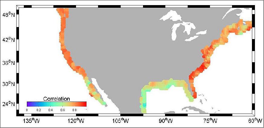 Figure 41: Correlations in U.S. coastal sea level rise between the new sea level indicator tool and reconstructed decade-scale estimates of sea level (image credit: NASA/JPL-Caltech/UCLA/IMEDEA)