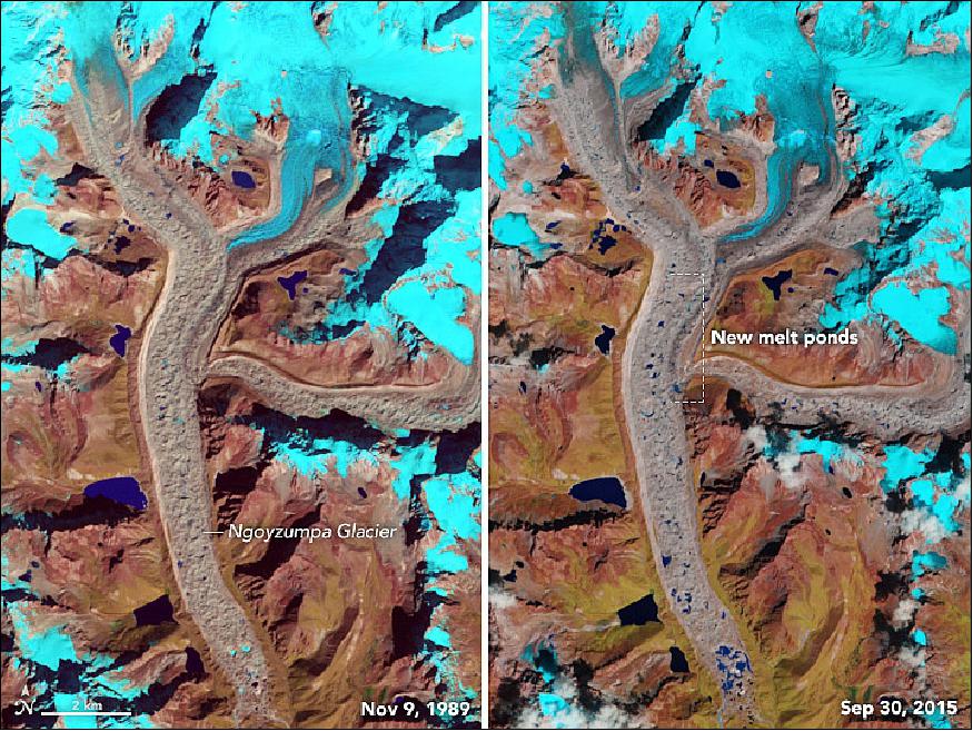 Figure 39: Left: Landsat image of the Ngozumpa Glacier, acquired on Nov. 9, 1089; Right: Landsat-8 image of the same region acquired on Sept. 30, 2015 (image credit: NASA Earth Observatory, images by Jesse Allen, using Landsat data from the USGS, caption by Adam Voiland)