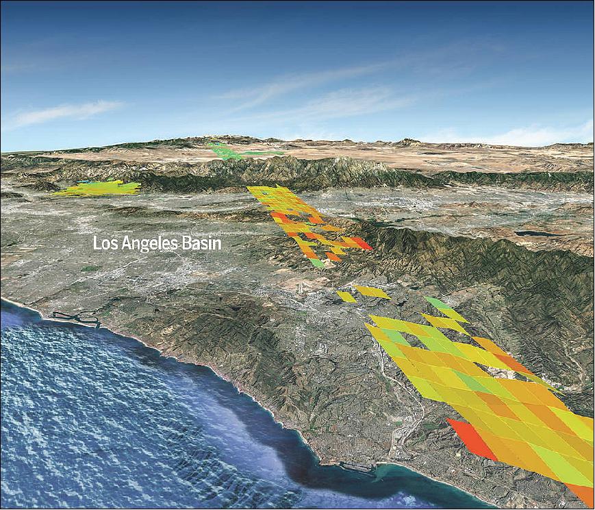 Figure 26: The Science special collection of OCO-2-based papers give an unprecedented view from space of how carbon dioxide emissions vary within individual cities such as Los Angeles and its surroundings, shown here. Concentrations vary from more than 400 parts per million (red) over the city, foreground, to the high 300s (green) over the desert, background (image credit: NASA/JPL-Caltech/Google Earth) 37)