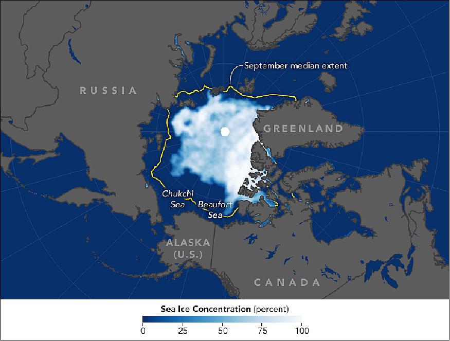 Figure 23: Arctic sea ice extent acquired on Sept. 13, 2017 by the GCOM-W1 spacecraft of JAXA (image credit: NSIDC)