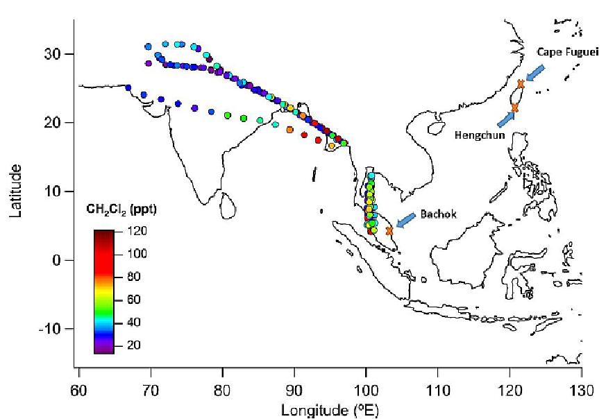 Figure 22: Map of the region showing the location of each CARIBIC sample. The markers have been colored according to their CH2Cl2 concentration to highlight the regions where enhanced levels of VSLSs were observed. Also shown are the approximate locations of the three surface stations (orange crosses).