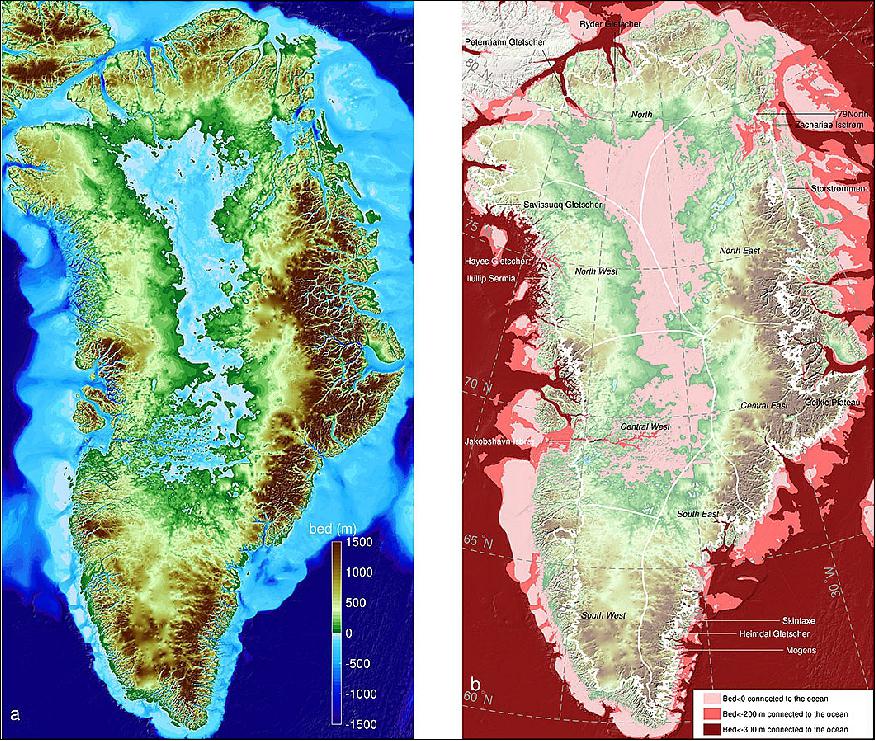 Figure 18: This image shows a stretch of Greenland's coastline as created by BedMachine before and after the inclusion of new OMG data. Left: Color coded Greenland topography color-coded from 1,500 m below sea level (dark blue) to 1500 m above (brown). Right: Regions below sea level connected to the ocean; darker colors are deeper. The thin white line shows the current extent of the ice sheet (image credit: UCI)