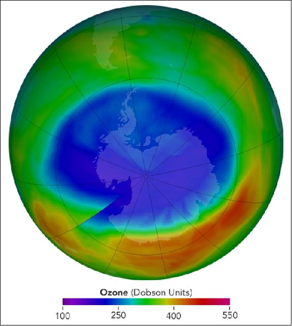 Figure 16: The map shows the Antarctic ozone hole at its widest extent for the year, as measured on September 11, 2017. The observations were made by OMI (Ozone Monitoring Instrument) on NASA's Aura satellite (image credit: NASA Earth Observatory, images by Jesse Allen, using visuals provided by the NASA Ozone Watch team. Story by Katy Mersmann, NASA/GSFC, and Theo Stein, NOAA Office of Oceanic and Atmospheric Research, with Mike Carlowicz, Earth Observatory)