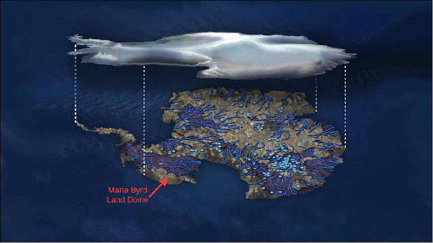 Figure 15: Illustration of flowing water under the Antarctic ice sheet. Blue dots indicate lakes, lines show rivers. Marie Byrd Land is part of the bulging "elbow" leading to the Antarctic Peninsula, left center (image credit: NSF/Zina Deretsky)