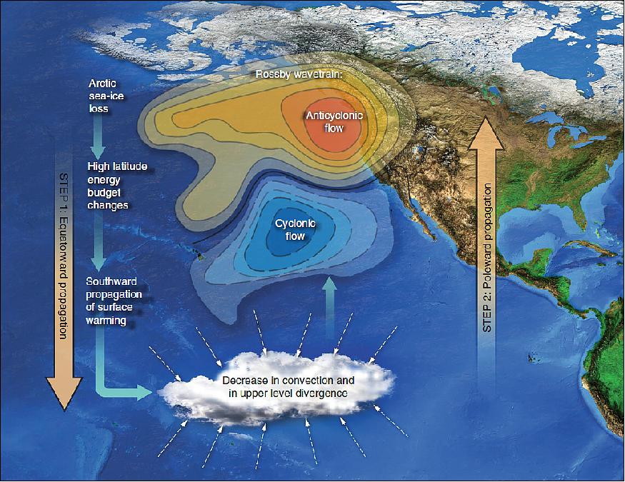 Figure 4: Schematics of the teleconnection through which Arctic sea-ice changes drive precipitation decrease over California. Arctic sea-ice loss induced high-latitude changes first propagate into the tropics, triggering tropical circulation and convection responses. Decreased convection and decreased upper level divergence in the tropical Pacific then drive a northward propagating Rossby wavetrain, with anticyclonic flow forming in the North Pacific. This ridge is responsible for steering the wet tropical air masses away from California (image credit: LLNL, Kathy Seibert)