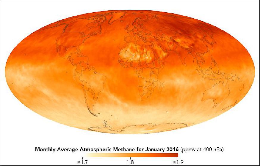Figure 72: The methane data are from the AIRS (Atmospheric Infrared Sounder) on the Aqua mission acquired in the period January 1-31, 2016 and from in situ measurements (image credit: NASA Earth Observatory, Joshua Stephens)
