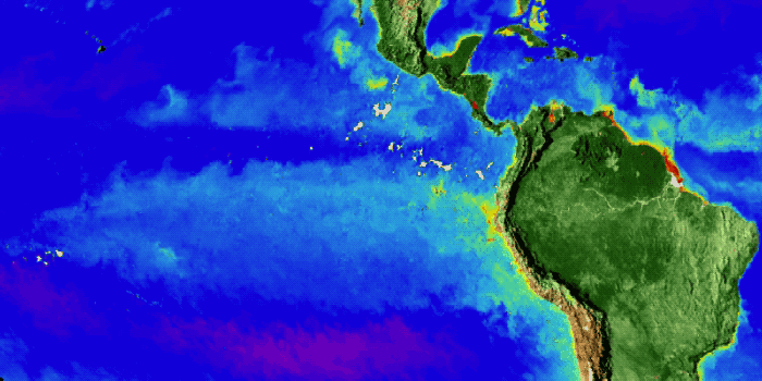 Figure 14: The SeaWiFS satellite was launched in late 1997, just in time to capture the phytoplankton that bloomed in the Eastern Equatorial Pacific as conditions changed from El Niño to La Niña, seen here in yellow (image credit: NASA)