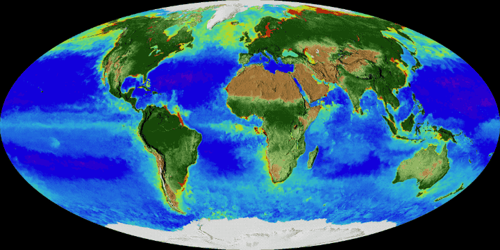 Figure 13: From space, satellites can see Earth breathe. A new NASA visualization shows 20 years of continuous observations of plant life on land and at the ocean's surface, from September 1997 to September 2017. On land, vegetation appears on a scale from brown (low vegetation) to dark green (lots of vegetation); at the ocean surface, phytoplankton are indicated on a scale from purple (low) to yellow (high). This visualization was created with data from satellites including SeaWiFS, and instruments including the NASA/NOAA VIIRS (Visible Infrared Imaging Radiometer Suite) and the MODIS (Moderate Resolution Imaging Spectroradiometer (image credit: NASA)