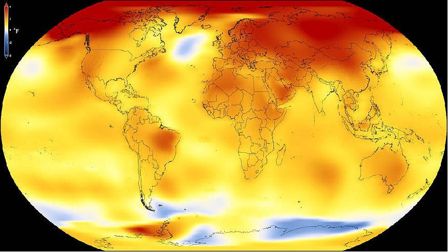 Figure 46: This map shows Earth's average global temperature from 2013 to 2017, as compared to a baseline average from 1951 to 1980, according to an analysis by NASA's Goddard Institute for Space Studies. Yellows, oranges, and reds show regions warmer than the baseline (image credit: NASA's Scientific Visualization Studio)