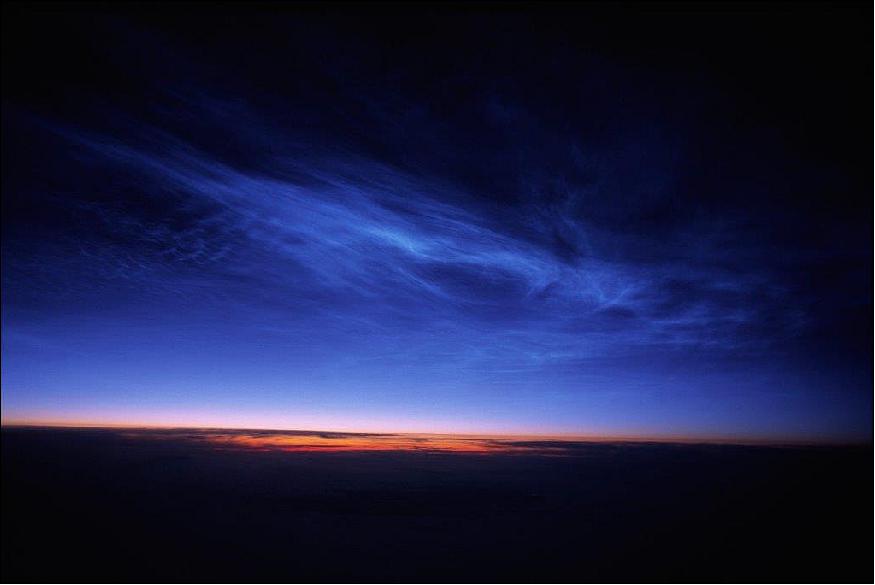 Figure 27: Noctilucent clouds form only in the summertime and are only visible at dawn and dusk. New research suggests they are becoming more visible and forming more frequently due to climate change (image credit: NASA)