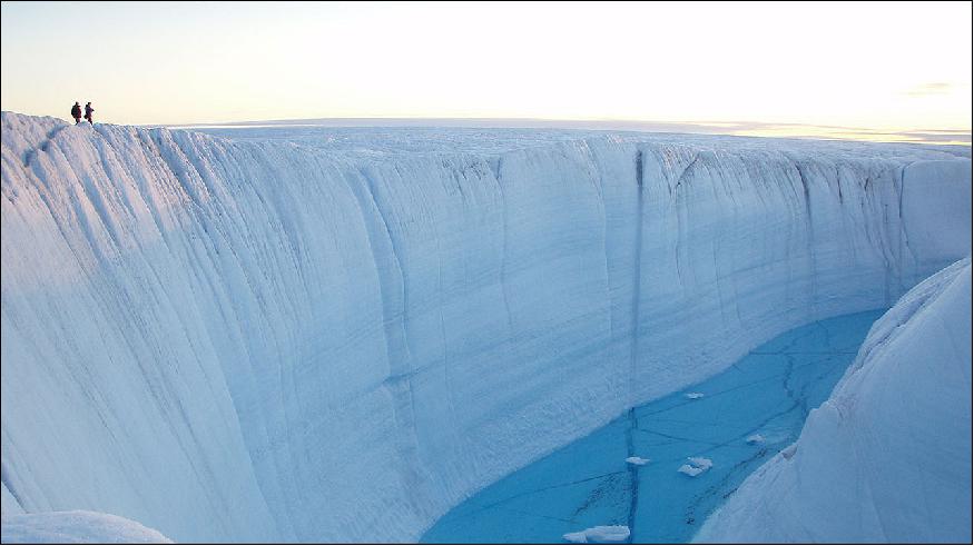 Figure 23: Scientists stand on the edge of a crevasse formed by meltwater flowing across the top of the Greenland Ice Sheet during a WHOI-led expedition in 2007 (image credit: Sarah Das, Woods Hole Oceanographic Institution)