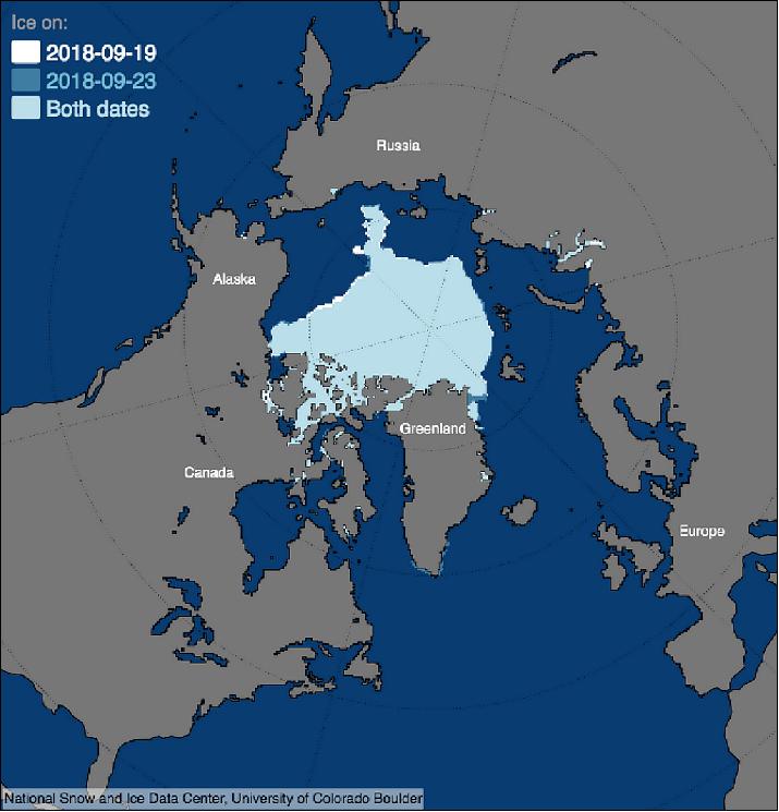 Figure 21: The map above compares Arctic sea ice extent on September 19, 2018 and September 23, 2018, when Arctic sea ice reached its minimum extent for the year (image credit: NSIDC)