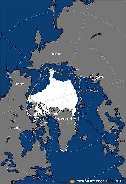 Figure 20: Arctic sea ice extent for September 23, 2018 was 4.59 million km2 (1.77 million square miles). The orange line shows the 1981 to 2010 average extent for that day (image credit: NSIDC)