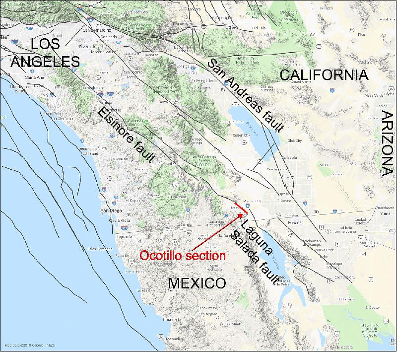 Figure 19: The approximate location of the newly mapped Ocotillo section, which ties together California's Elsinore fault and Mexico's Laguna Salada fault into one continuous fault system (image credit: NASA/JPL-Caltech)