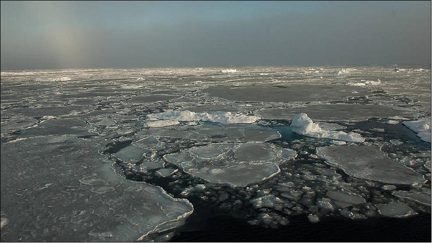 Figure 18: Small remnants of thicker, multiyear ice float with thinner, seasonal ice in the Beaufort Sea on 30 September, 2016 (image credit: NASA/GSFC/Alek Petty)