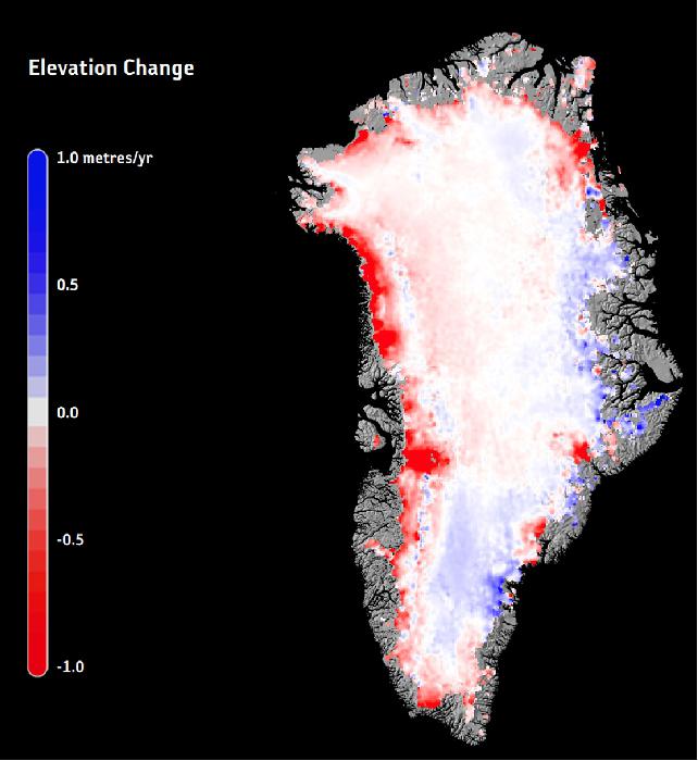 Figure 8: Greenland ice change, 2015: The image shows Greenland ice-sheet annual elevation change in 2015, but using a 25-year record of ESA satellite data, recent research shows that the pace at which Greenland is losing ice is getting faster. The research, published in Earth and Planetary Science Letters, uses radar altimetry data gathered by the ERS, Envisat and CryoSat missions between 1992 and 2016 (image credit: ESA/Planetary Visions)