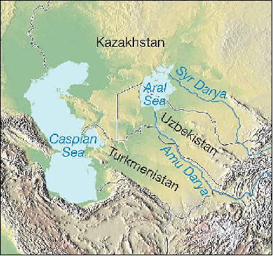 Figure 1: The Aral Sea is situated in Central Asia, between the Southern part of Kazakhstan and Northern Uzbekistan. The two rivers that feed it are the Amu Darya and Syr Darya rivers, respectively, reaching the Sea through the South and the North. This image portrays the size of the Aral Sea in the 1950's prior to any irrigation projects.