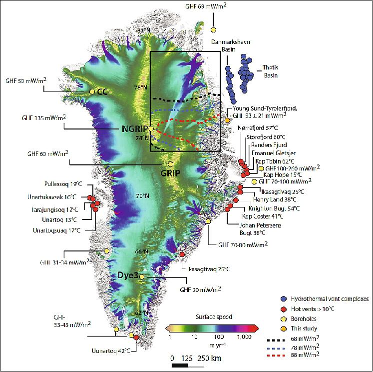Figure 42: Geothermal vents localities and ice surface speeds (2008–2009) for Greenland. Geothermal vent localities on land with temperatures >10ºC, Boreholes, hydrothermal vent complexes offshore and present study. Reconstructed geothermal anomalies (contours in inserted box). Ice drilling localities are indicated by CC, NGRIP, GRIP and Dye (image credit: Research Team of Aarhus University)