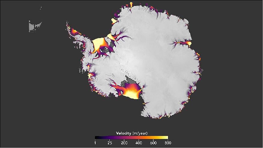 Figure 39: The speed of Antarctic ice flow, derived from Landsat imagery over a seven-year period (image credit: NASA)