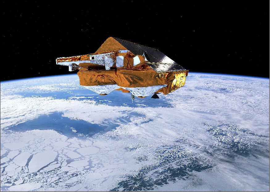 Figure 32: ESA's Earth Explorer CryoSat mission is dedicated to precise monitoring of changes in the thickness of marine ice floating in the polar oceans and variations in the thickness of the vast ice sheets that blanket Greenland and Antarctica (image credit: ESA/AOES Medialab)