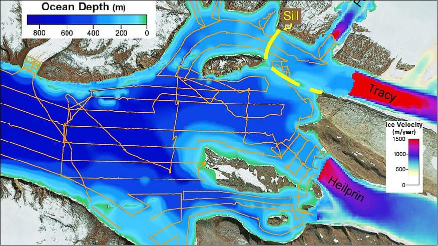 Figure 31: This figure shows estimated ice flow velocities of Tracy and Heilprin glaciers (right) and the depths of the fjord in front of the glaciers. The approximate location of the sill in front of Tracy is shown as a dashed yellow line. Research ship cruise tracks are shown in orange (image credit: NASA/JPL-Caltech)