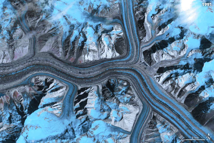 Figure 7: Animation of satellite images revealing the flow of the Baltoro Glacier in the Karakoram Range, Pakistan (image credit: NASA/EO/Joshua Stevens)