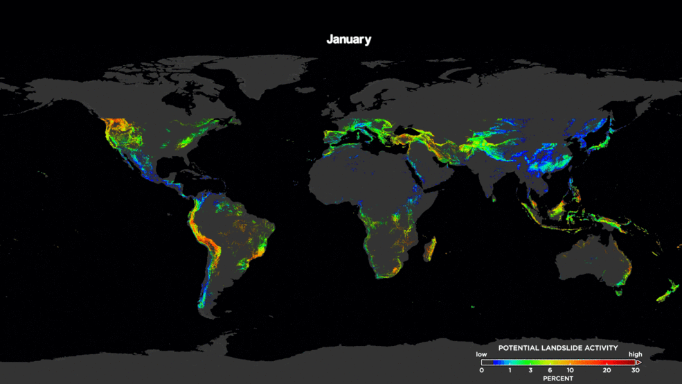 Figure 38: This animation shows the potential landslide activity by month averaged over the last 15 years as evaluated by NASA's Landslide Hazard Assessment model for Situational Awareness model. Here, you can see landslide trends across the world (image credit: NASA/GSFC / Scientific Visualization Studio)
