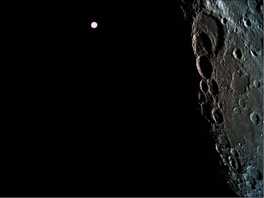 Figure 15: Beresheet's image capture of the far side of the moon after it was captured into lunar orbit, with Earth in the background — also at 470 km from the moon (image credit: Eliran Avital)