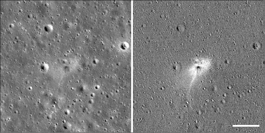 Figure 11: Left: Beresheet impact site. Right: An image processed to highlight changes near the landing site among photos taken before and after the landing, revealing a white impact halo. Other craters are visible in the right image because there is a slight change in lighting conditions among the before and after images. Scale bar is 100 meters. North is up. Both panels are 490 meters wide (image credit: NASA/GSFC/Arizona State University)