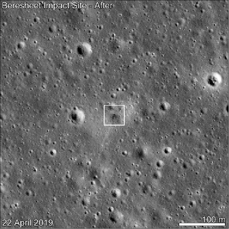 Figure 10: Beresheet impact site as seen by LROC 11 days after the attempted landing. Date in lower left indicates when the image was taken (image credit: NASA/GSFC/Arizona State University)