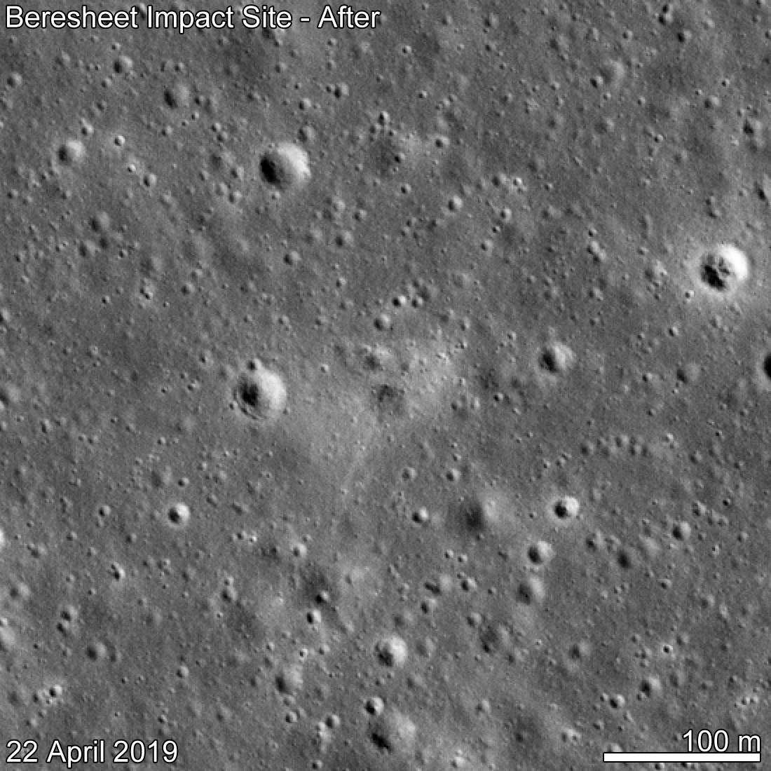Figure 12: Before and after comparison of the landing site. Date in lower left indicates when the image was taken. It appears the spacecraft landed from the north on the rim of a small crater, about a few meters wide, leaving a dark "smudge" on Mare Serenitatis that's elongated towards the south (image credit: NASA/GSFC/Arizona State University)