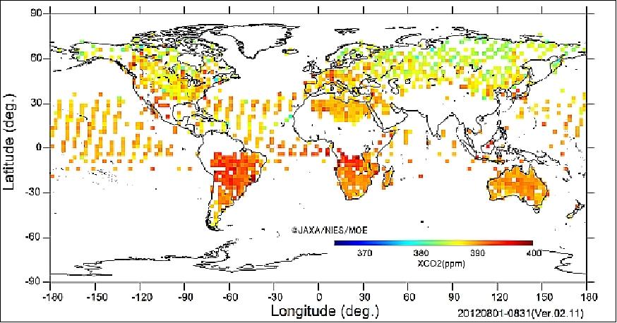 Figure 24: Monthly Global Map (Aug. 2012) of the CO2 column-averaged volume mixing ratios in 2.5º x 2.5º mesh (image credit: NIES) 47)