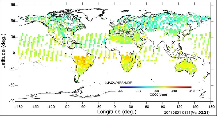 Figure 23: Monthly Global Map of the CO2 column-averaged volume mixing ratios in 2.5 deg by 2.5 deg mesh August 2013 Ver.02.21 (image credit: NIES, Ref. 47)