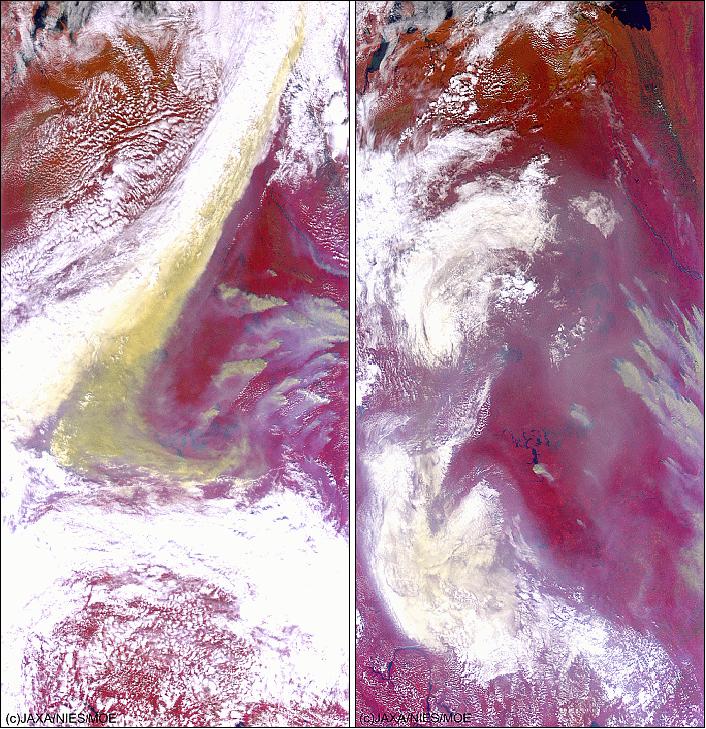 Figure 21: The smoke of wildfires in Russia captured with TANSO-CAI on Jul. 19, 2014 (left) and on July 22, 2014 (right), image credit: JAXA, NIES, MOE